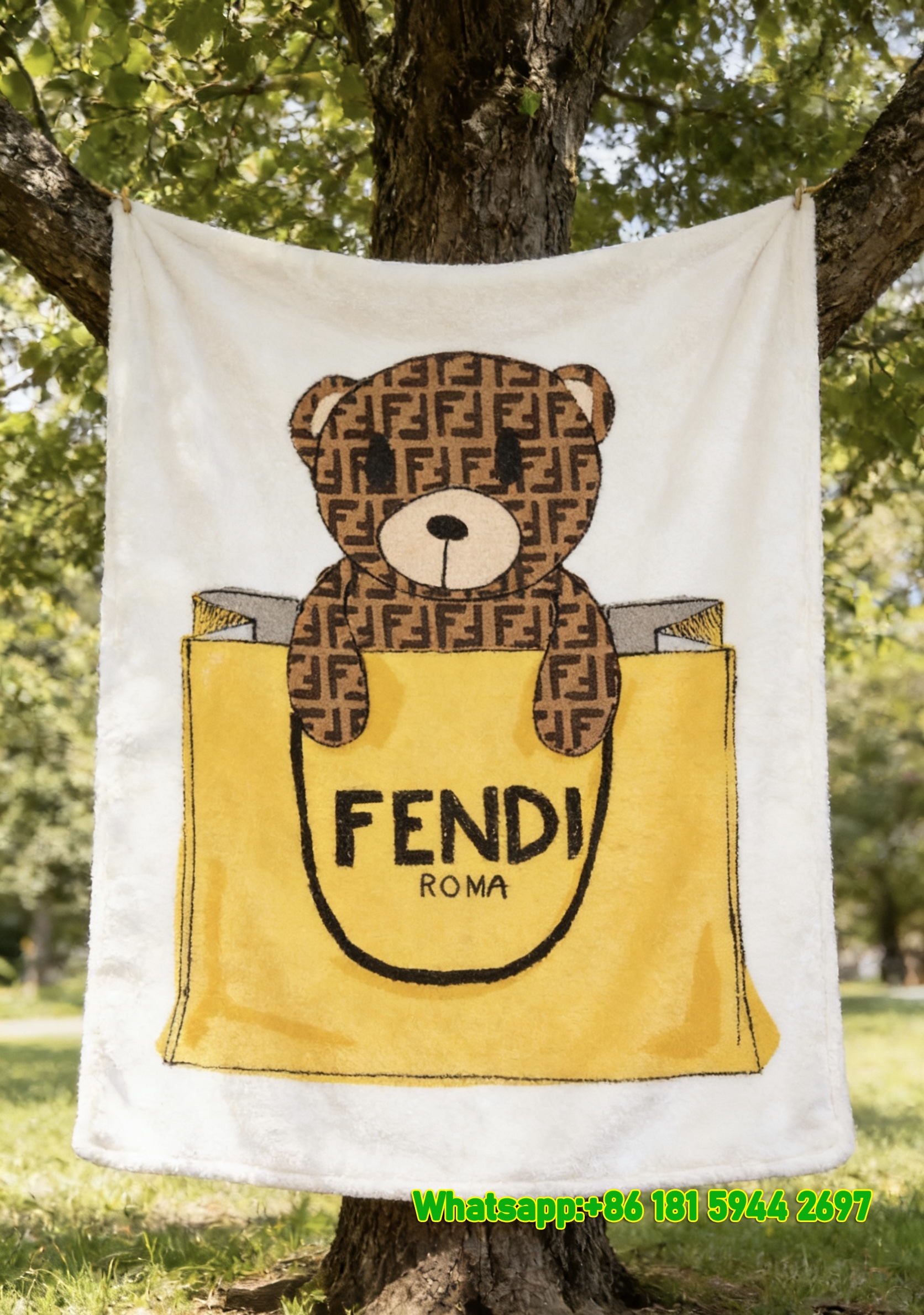 Fendi Roma FF Monogram Teddy Bear Shopping Bag Flannel Sofa Throw Blanket Luxury Designer IMG_9351